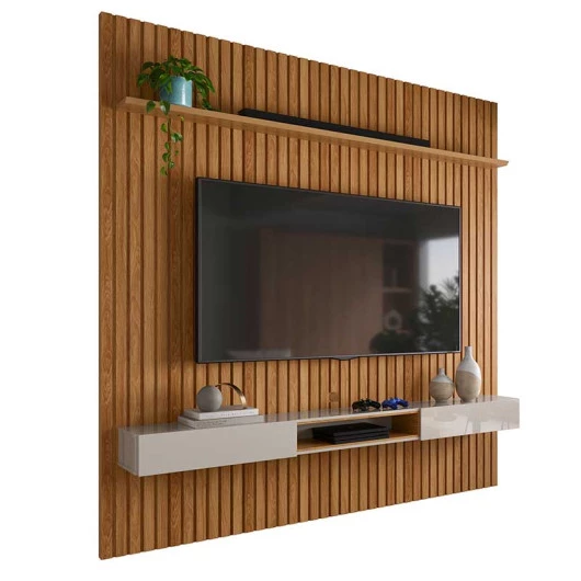 Painel Ripado Bali 234cm x 250cm Para TV 75 Com Bancada Bless Lukaliam Freijo/Off White