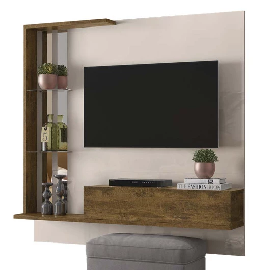 Painel Pequeno Para TV 50 Polegadas Dublin Lukaliam Off White/Canela