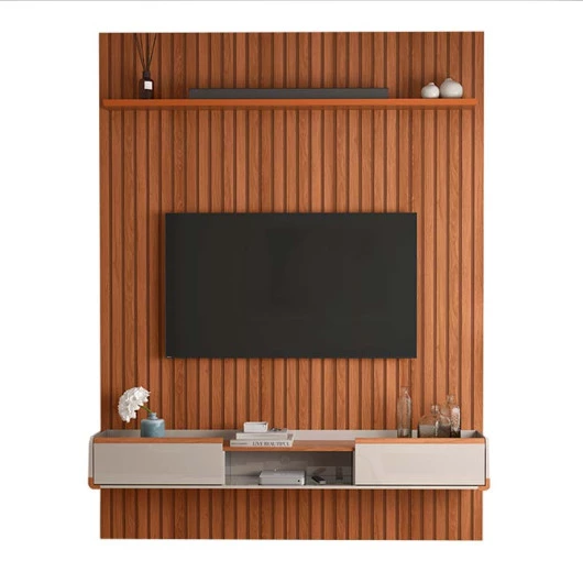 Painel Frisado 191x250cm Oslo Para TV 75 Bancada Atlas Lukaliam Jequitiba/Off White