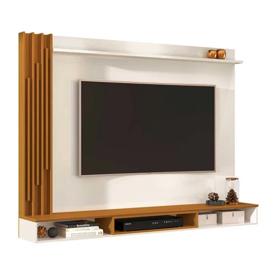 Painel Ripado Para TV 55 Polegadas Sala Quarto 180cm Aston EDN Off White/Cedro