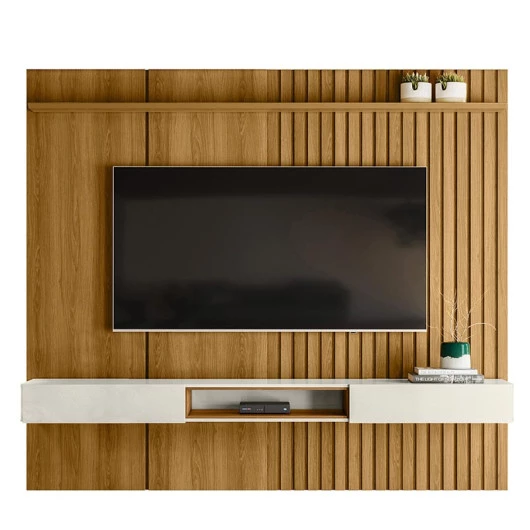 Painel Ripado 225cm Para TV 75 Polegadas Bless 2.3 Lukaliam Freijo/Off White