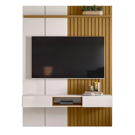 Painel Ripado 153cm Para TV 65 Polegadas Bless 1.6 Lukaliam Off White/Freijo