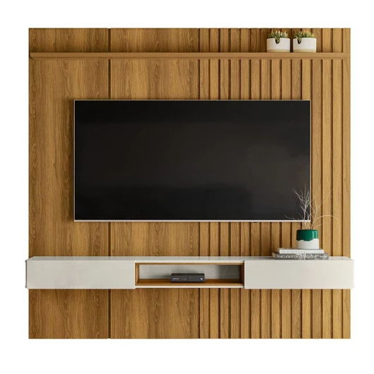 Painel Ripado 190cm Para TV 75 Polegadas Bless 1.9 Lukaliam Freijo/Off White