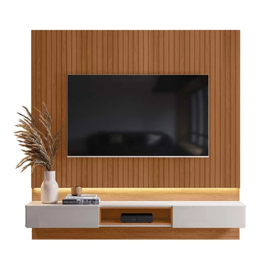 Painel Para TV 70 Polegadas 180cm Com LED Paris Lukaliam Jequitiba Ripado 3D/Off White Perolizado