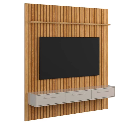 Painel Ripado Oslo Para TV 75 Polegadas 191cm x 207cm Bancada Bali 1.9 Lukaliam Freijo/Off White