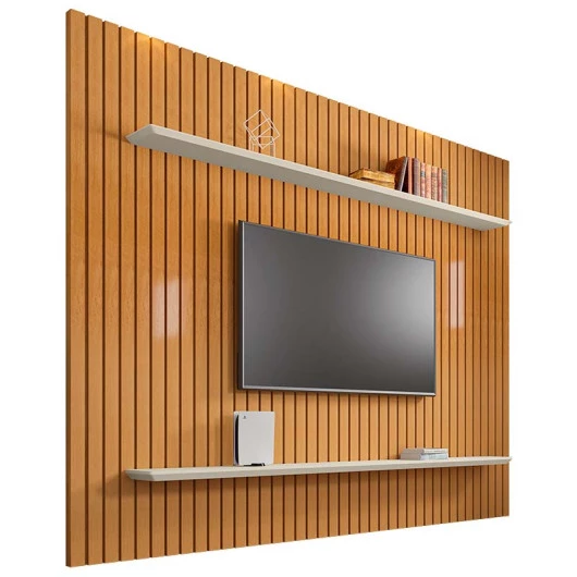 Painel Ripado 218x230 Para TV 75 Polegadas Sala Roma RV Móveis Cinamomo/Off White