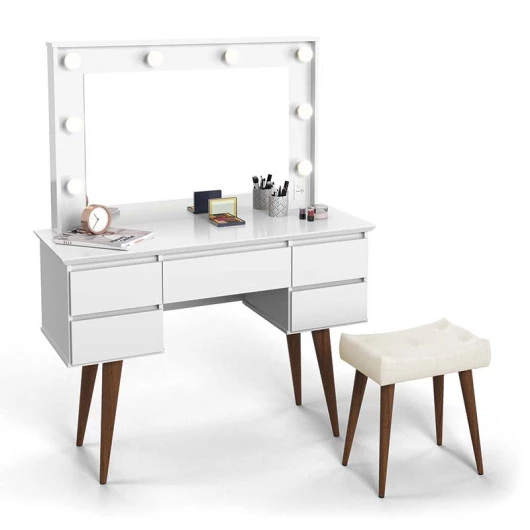 Penteadeira Camarim Com Banqueta 5 Gavetas 120cm Strass Patrimar Branco
