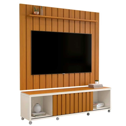 Rack Com Painel Ripado 180cm Para TV 75 Polegadas Brise 1.8 EDN Off White/Cedro