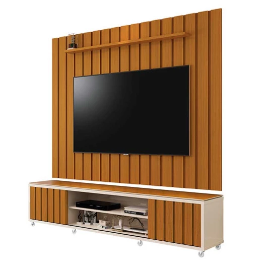 Rack Com Painel Ripado 218cm Para TV 75 Polegadas Brise 2.2 EDN Off White/Cedro