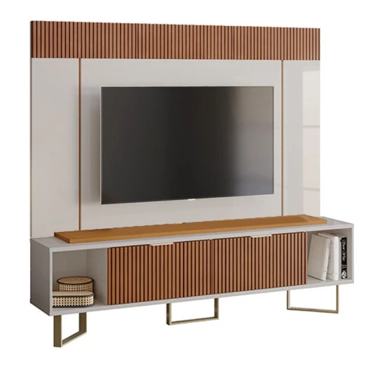 Rack Com Painel Para TV 75 Polegadas Sagary 2.1 EAX Móveis Off White/Tauari Ripado