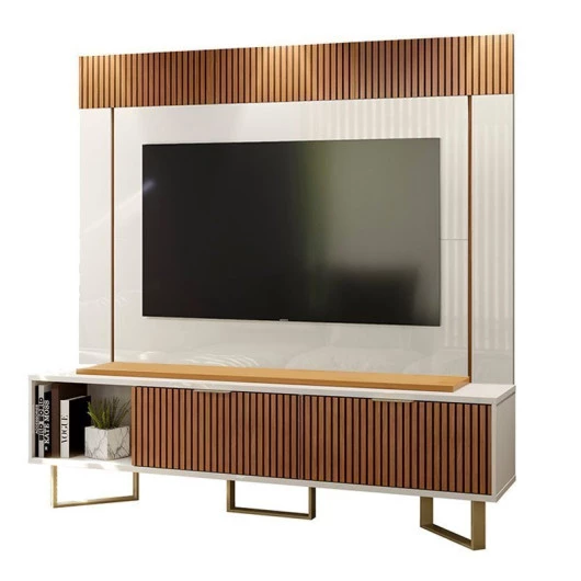 Rack Com Painel Para TV 70 Polegadas Sagary 1.8 EAX Móveis Off White/Tauari Ripado