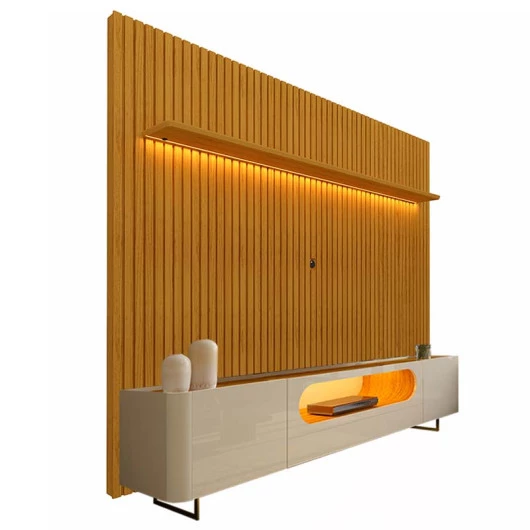 Rack Nobre Pés Ferro Com Painel Ripado Nobre TV 85 Pol 230x250 Gelius Naturale/Off White