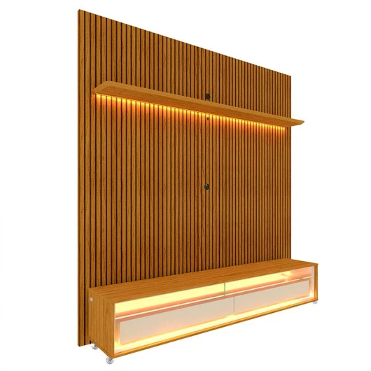 Rack Com Painel Ripado 3D TV 70 Polegadas 180cm Requinte Rodízios Gelius Naturale/Off White