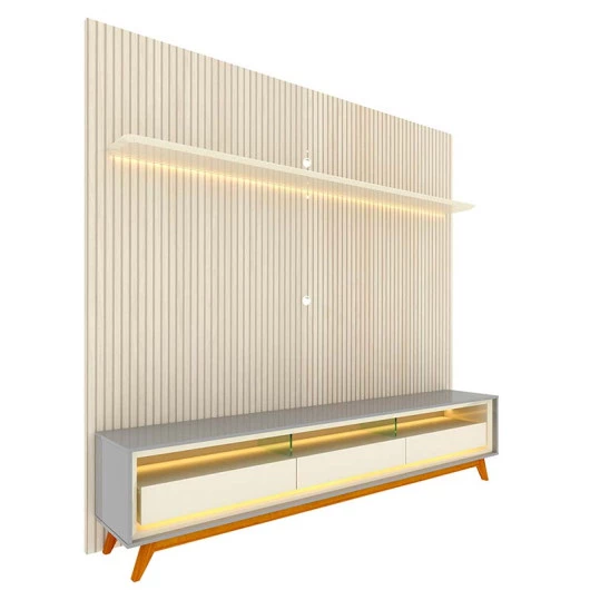 Rack Com Painel Ripado 3D TV 75 Polegadas 224cm Requinte Pés Madeira Gelius Cinza/Off White