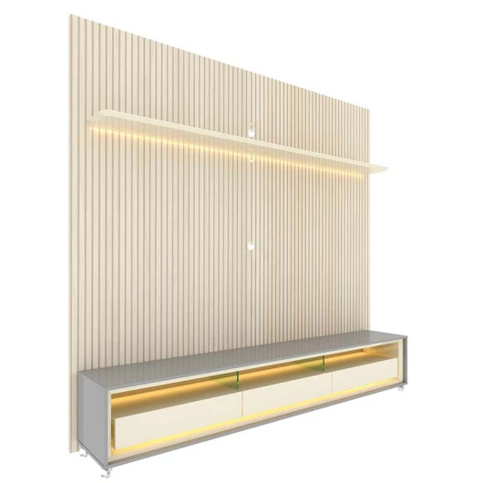 Rack Com Painel Ripado 3D TV 75 Polegadas 224cm Requinte Rodízios Gelius Cinza/Off White