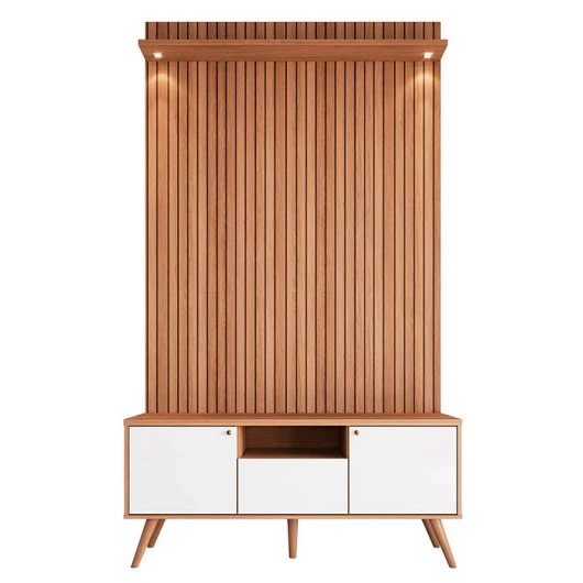 Rack Com Painel 136cm Para TV 55 Polegadas River 1.36 Lukaliam Off White/Jequitiba Ripado 3D