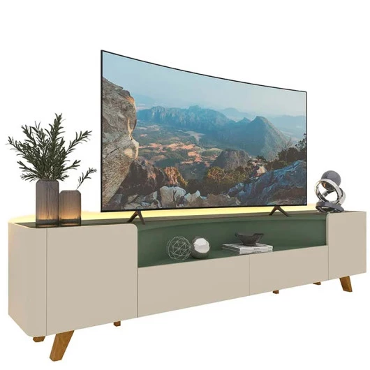 Rack Para TV Até 85 Polegadas Com LED 230cm Pés Madeira Infinity Gelius Off White/Verde Floresta