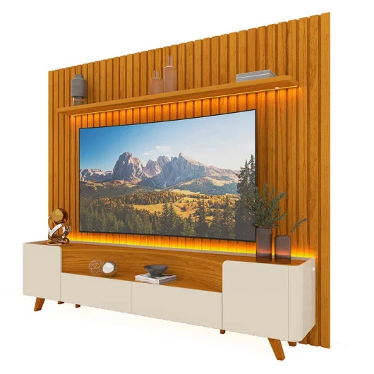Rack Infinity Pés Madeira Com Painel Ripado Nobre TV 85 Pol 230x250 Gelius Naturale/Off White