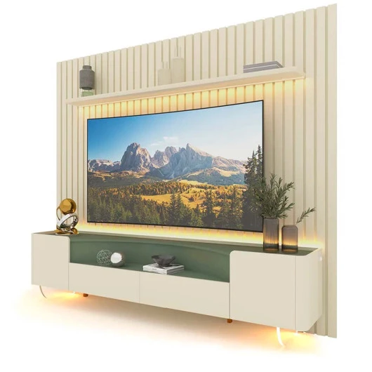 Rack Infinity Pés Vidro Com Painel Ripado Nobre TV 85 Pol 230x250 Gelius Off White/Verde Floresta