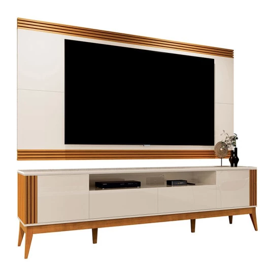 Rack Com Painel Ripado Para TV 75 Polegadas Brunt 220cm EAX Móveis Off White/Cedro