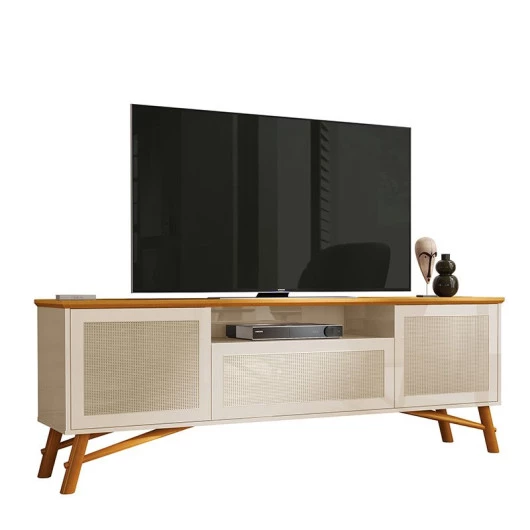 Rack Para Sala 180cm Com Rattan TV 75 Polegadas Dante EAX Móveis Off White/Cedro