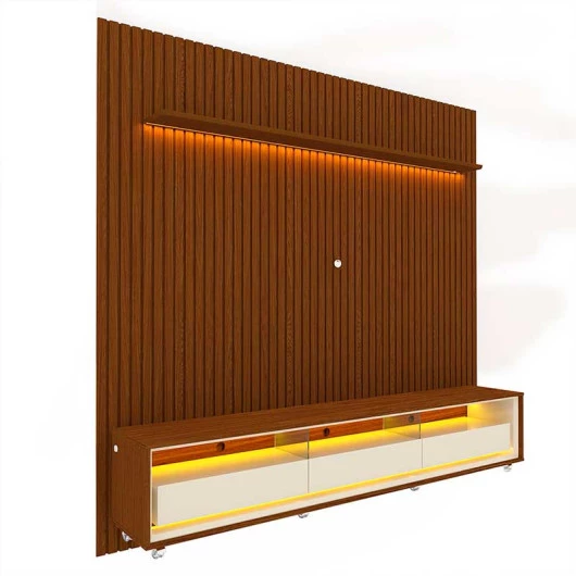 Rack Requinte Pés Rodízios com Painel Ripado Nobre 230cm LED TV 85 Polegadas Gelius Castanho/Off White