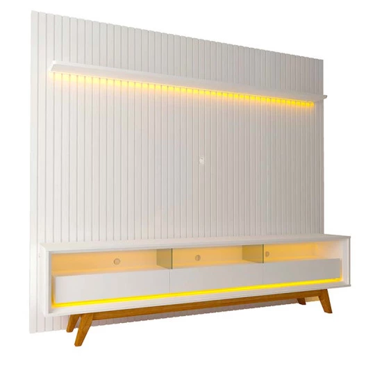 Rack Requinte Pés Madeira com Painel Ripado Nobre 230cm LED TV 85 Polegadas Gelius Branco