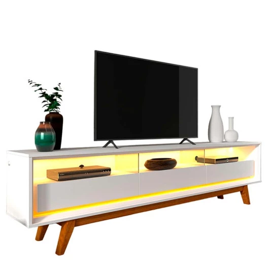 Rack Com LED Pra TV 75 Polegadas 212cm Requinte Pés Madeira Gelius Branco