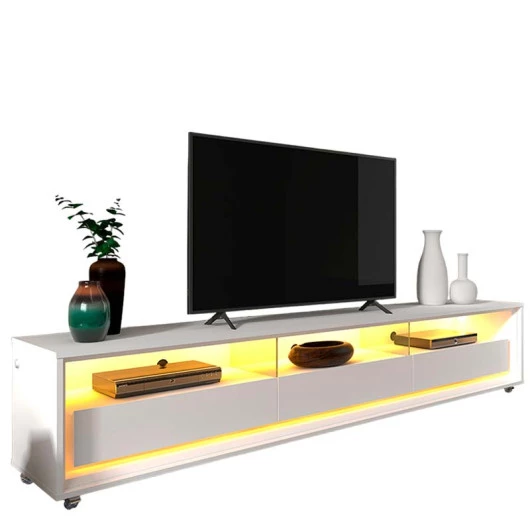 Rack Com LED Pra TV 75 Polegadas 212cm Requinte Rodízios Gelius Branco