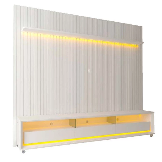 Rack Requinte Pés Rodízios com Painel Ripado Nobre 230cm LED TV 85 Polegadas Gelius Branco