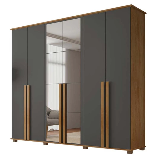 Guarda Roupa Casal 263cm 6 Portas Com Espelho Amsterdã RV Móveis Cinamomo/Grafite