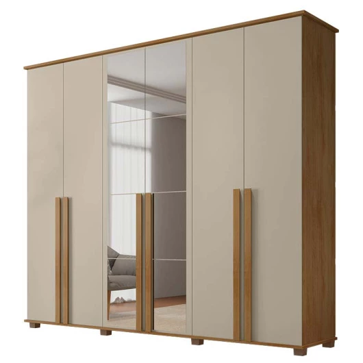 Guarda Roupa Casal 263cm 6 Portas Com Espelho Amsterdã RV Móveis Cinamomo/Off White