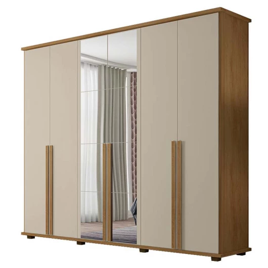 Guarda Roupa 6 Portas com Espelho 271cm Estrela RV Móveis Cinamomo/Off White