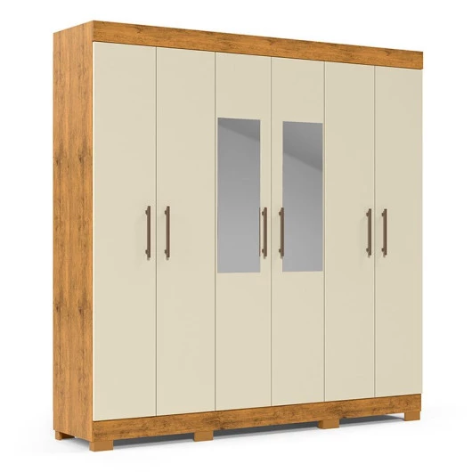 Guarda Roupa 6 Portas Com Espelho 3 Gavetas 200cm Madri Gelius Madeirado/Off White