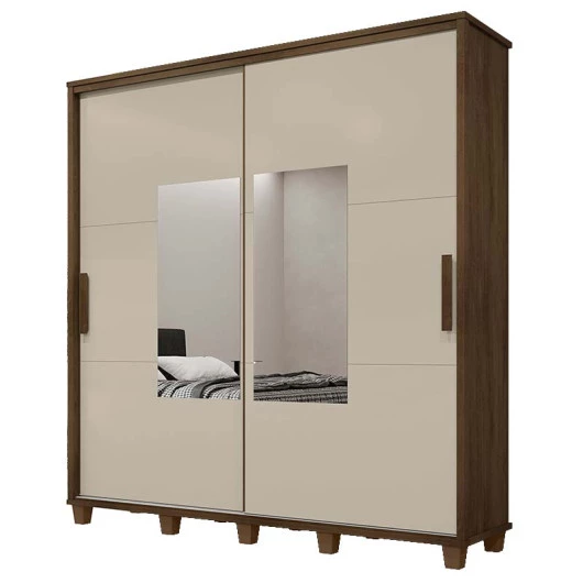 Guarda Roupa Casal 228cm Portas Correr Com Espelho Monte Carlo RV Móveis Freijo/Off White