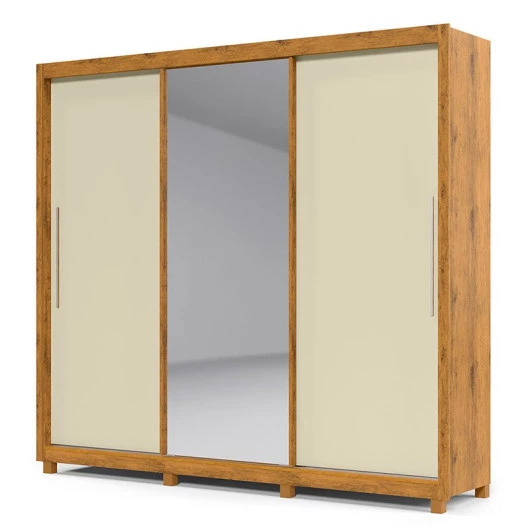 Guarda Roupa Grande Casal 3 Portas Correr 1 Porta de Espelho e Pés 228x226 Royale Gelius Madeirado/Off White
