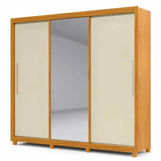 Guarda Roupa Grande Casal 3 Portas Correr 1 Porta de Espelho e Pés 228x226 Royale Gelius Naturale/Off White