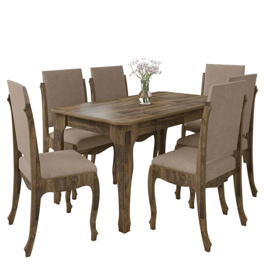 Conjunto Mesa de Jantar Luis XV Com 06 Cadeiras 160x90 Onix RV Móveis Amadeirado