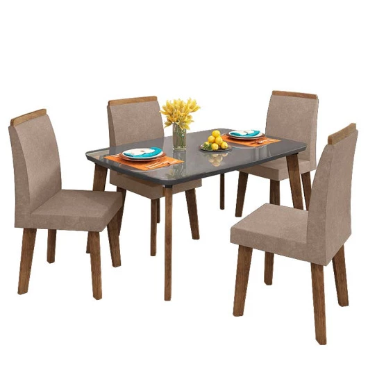 Conjunto Mesa de Jantar Tampo Vidro Com 04 Cadeiras 120x90 Jade RV Móveis Grafite/Pena Caramelo