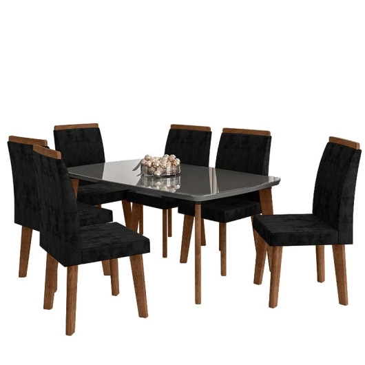 Conjunto Mesa de Jantar Tampo Vidro Com 06 Cadeiras 170x90 Jade RV Móveis Grafite/Preto
