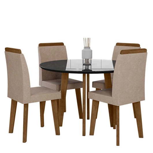 Conjunto Mesa de Jantar Redonda Tampo Vidro Com 04 Cadeiras Turmalina RV Móveis Preto/Pena Caramelo