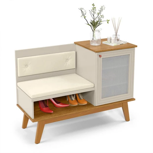 Sapateira Pequena com Banco Almofadado 1 Porta 103 x 75 Charlotte Patrimar Off White/Cumaru