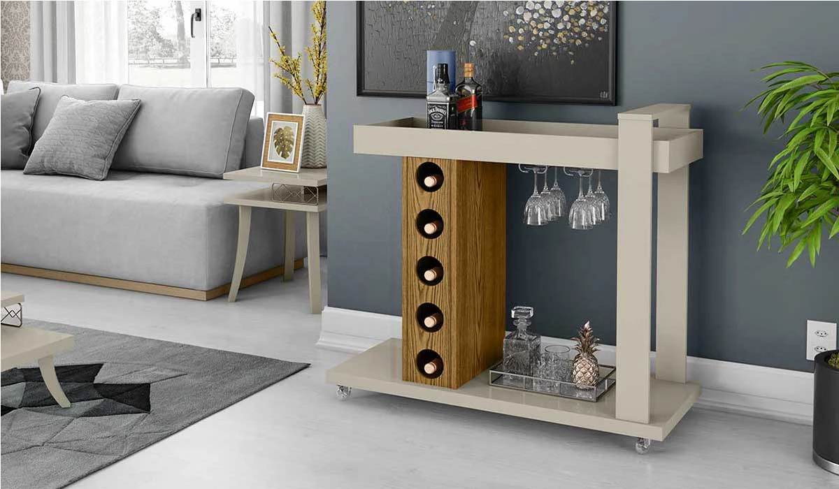 Aparador Bar Adega para Sala de Estar Off White/Cumaru Golden Patrimar