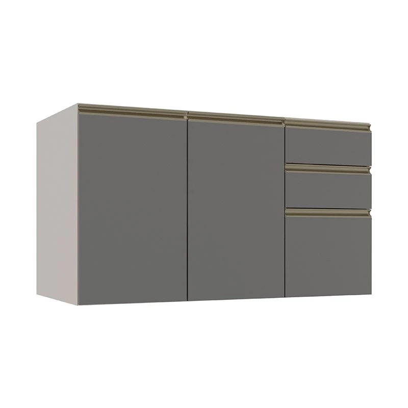 Módulo Balcão 120cm 3 Gavetas 100% MDF Cozinha Modulada Gold Robel Fendi/Cinza