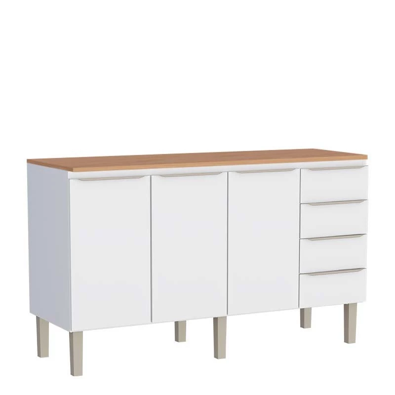 Balcão de Aço 160 Com Tampo Jequitibá 3 Portas 4 Gavetas Cozinha Flora Cozimax Branco