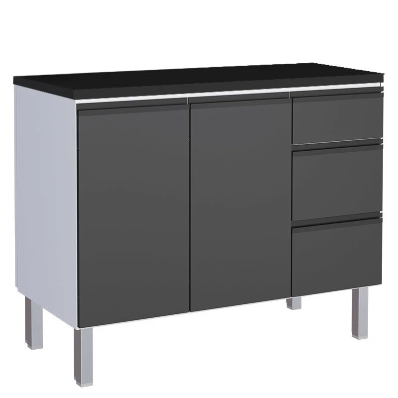 Balcão Para Cozinha de Aço 2 Portas 3 Gavetas e Porta Tempero Gaia 120cm Com Tampo Cozimax Preto