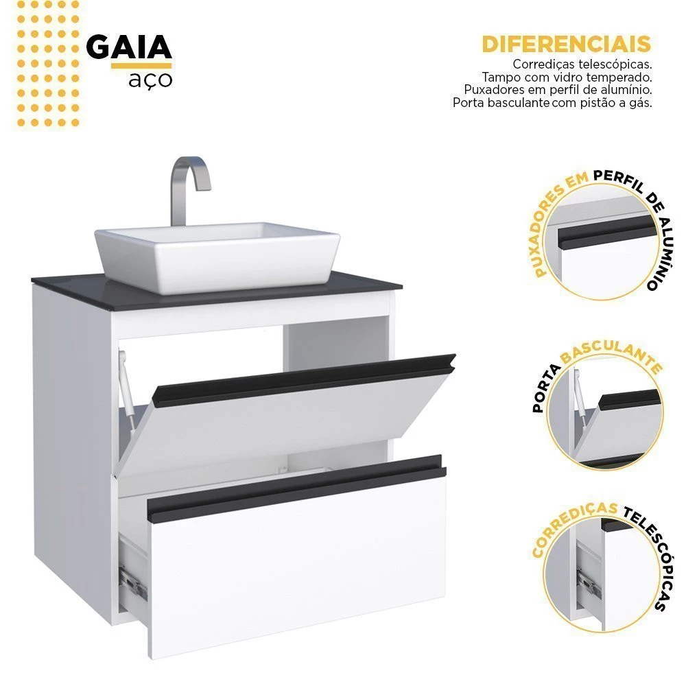 Gabinete Para Banheiro Aço Gaia 60 com Cuba Louça Linea Cozimax Branco