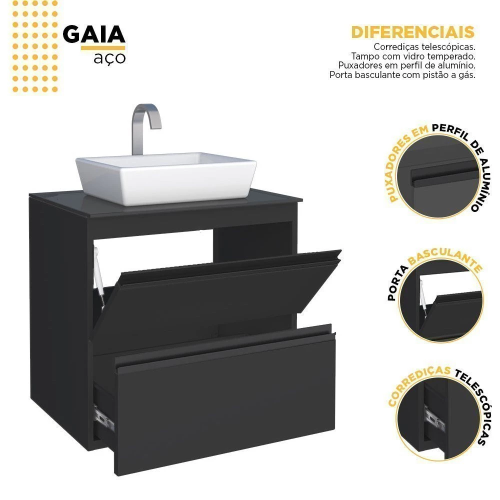 Gabinete Para Banheiro Aço Gaia 60 Tampo Vidro Sem Cuba Cozimax Preto