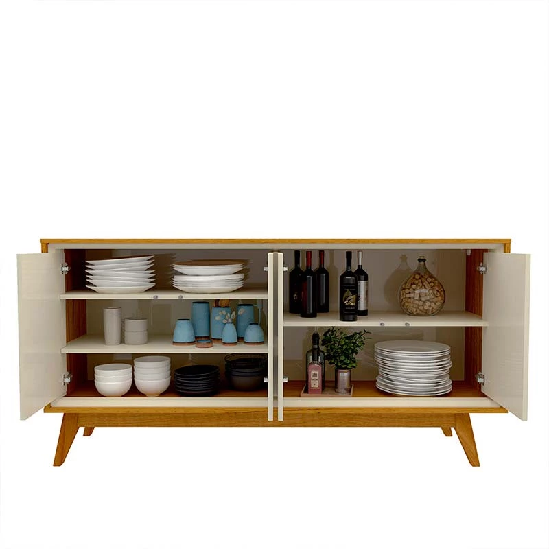 Buffet Aparador Sala Com LED 160cm Pés Madeira Requinte Gelius Naturale/Off White