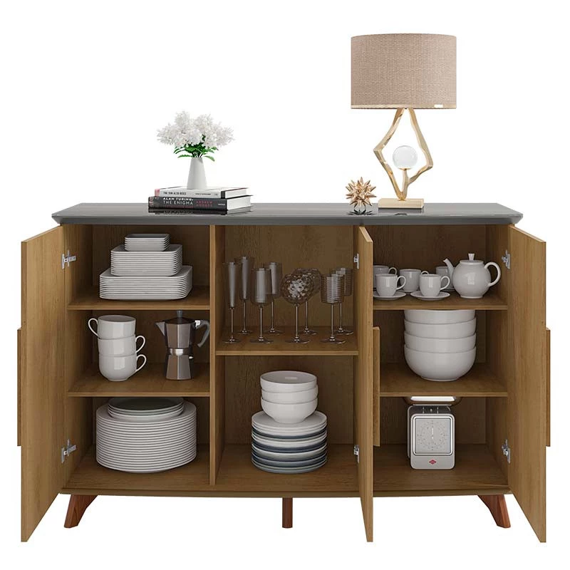 Buffet Aparador 137cm 3 Portas Tampo de Vidro Diamante RV Móveis Cinamomo/Grafite